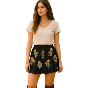Raga Anthropologie Black Folk-Inspired Embroidered Skirt Sz S | NWT